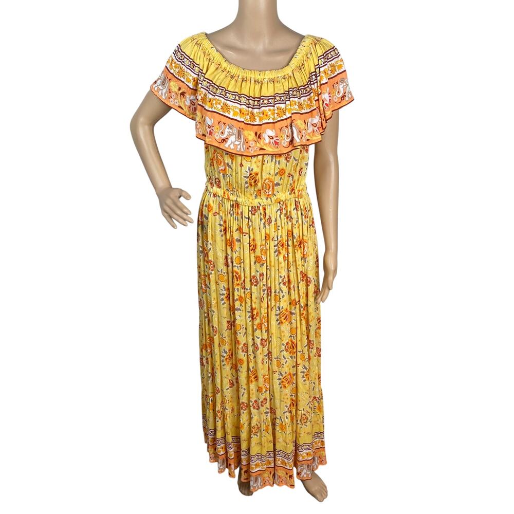 Margaux Riviera Yellow Floral Paisley Elephant Boho Dress M Off Shoulder Resort